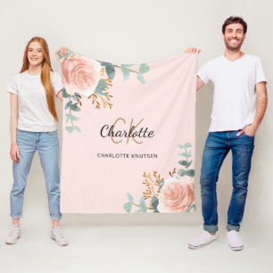 Pink rose gold floral greenery monogram name fleece blanket
