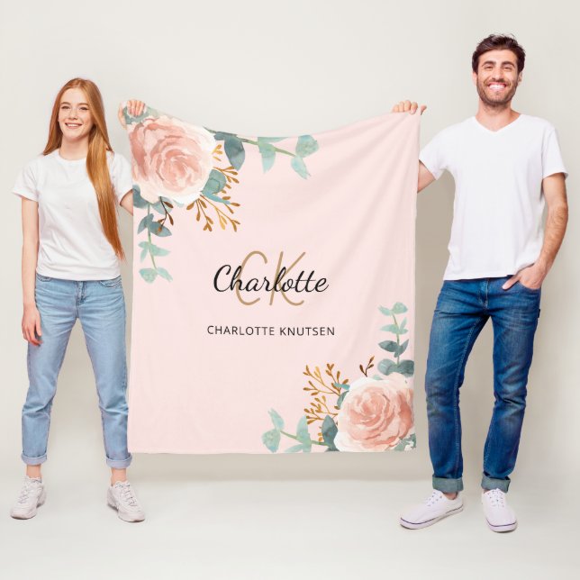 Pink rose gold floral greenery monogram name fleece blanket (In Situ)