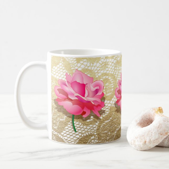 Pink Rose Gold Floral Lace Coffee Mug (With Donut)