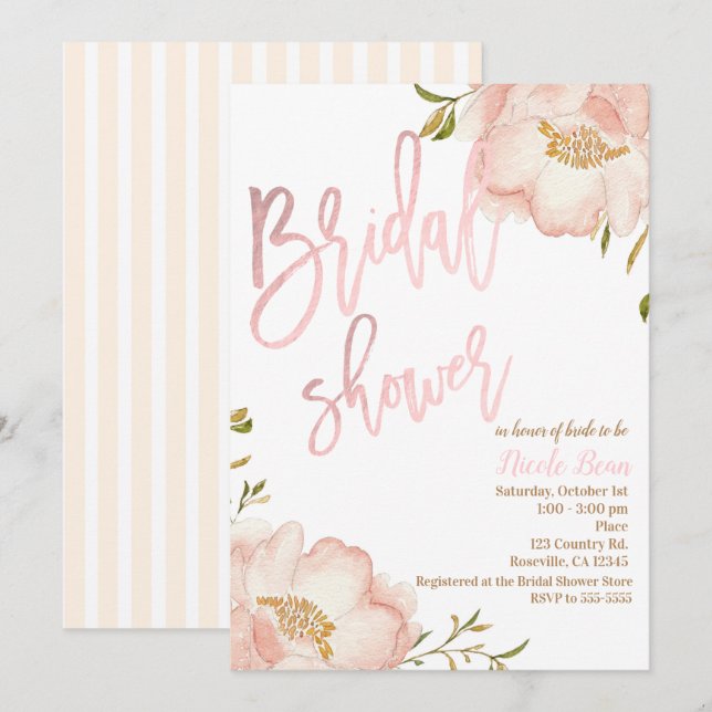 Pink Rose Gold Floral Modern Elegant Bridal Shower Invitation (Front/Back)