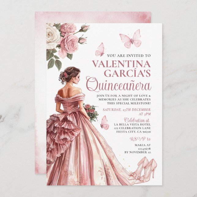 Pink Rose Gold Floral Quinceañera 15 Anos  Invitation (Front/Back)
