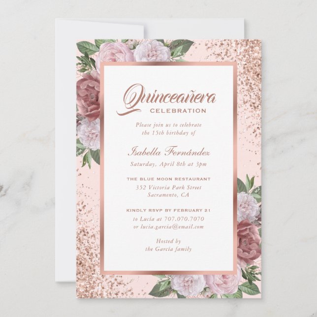 Pink Rose Gold Floral Quinceañera Invitation (Front)