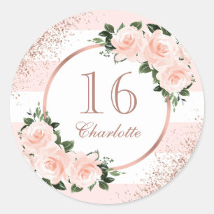 Pink Rose Gold Floral Sweet 16 Birthday Classic Round Sticker
