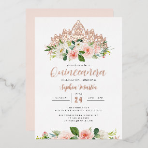 Pink Rose Gold Floral Tiara Butterfly Quinceanera