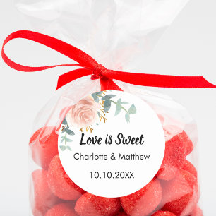 Pink rose gold floral wedding Love is Sweet Classic Round Sticker