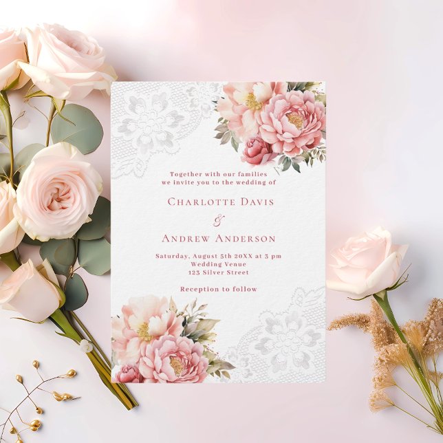 Pink rose gold floral white lace luxury wedding invitation (Creator Uploaded)