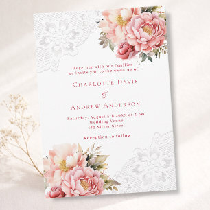 Pink rose gold floral white lace wedding invitation