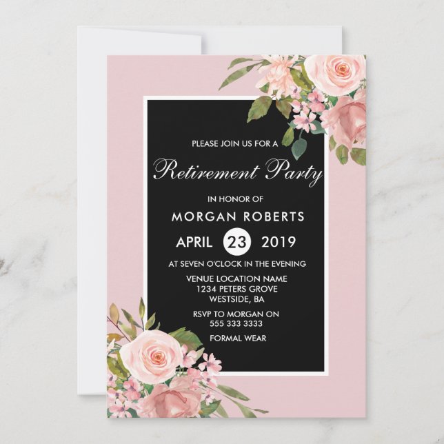 Pink Rose Gold Flower Retirement Party Invite (Front)