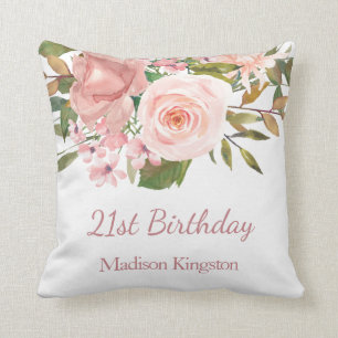 Pink Rose Gold Flowers 21st Birthday Party Gift Cushion
