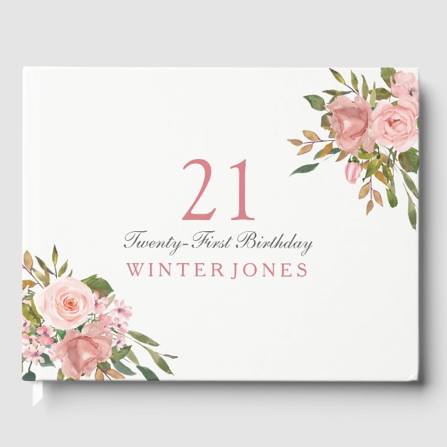 Pink Rose Gold Flowers 21st Birthday Party Guest Book (Front)