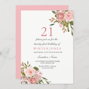 Pink Rose Gold Flowers 21st Birthday Party Invite
