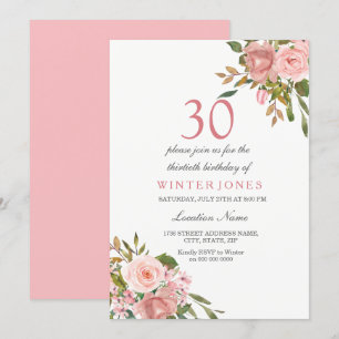 Pink Rose Gold Flowers 30th Birthday Party Invite