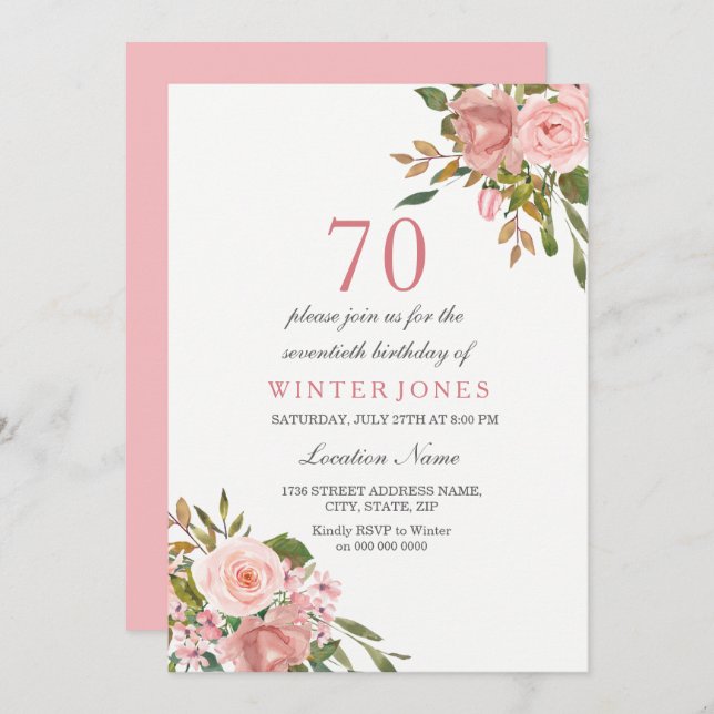 Pink Rose Gold Flowers 70th Birthday Party Invite (Front/Back)