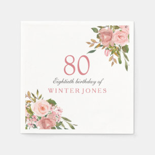 Pink Rose Gold Flowers 80th Birthday Party Napkins