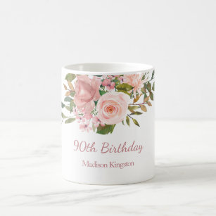 Pink Rose Gold Flowers 90th Birthday Party Gift Coffee Mug