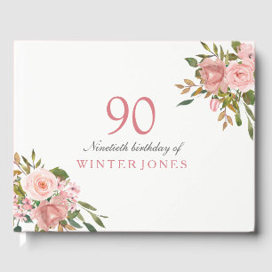 Pink Rose Gold Flowers 90th Birthday Party Guest Book