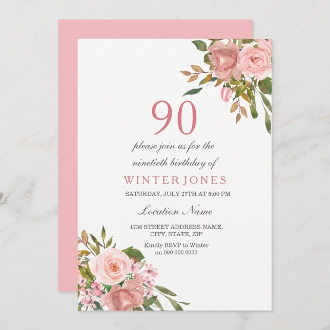 Pink Rose Gold Flowers 90th Birthday Party Invite (Front/Back)
