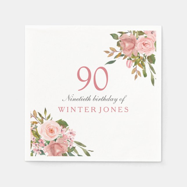 Pink Rose Gold Flowers 90th Birthday Party Napkins (Front)