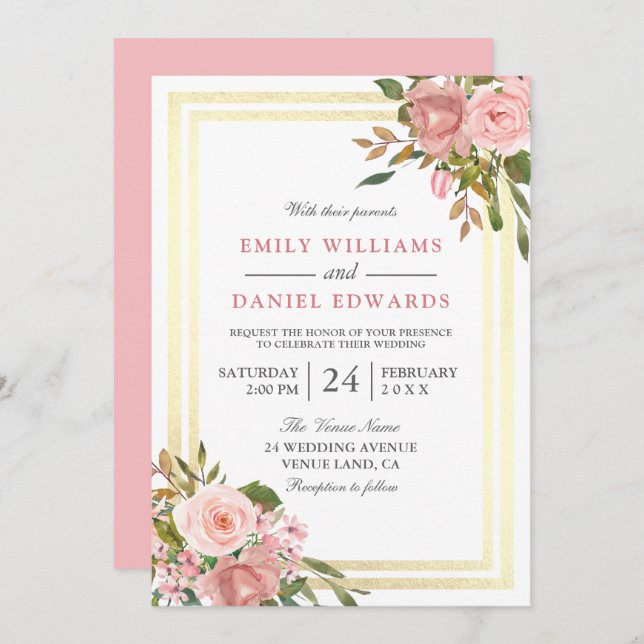 Pink Rose Gold Flowers Double Border Wedding Invitation (Front/Back)