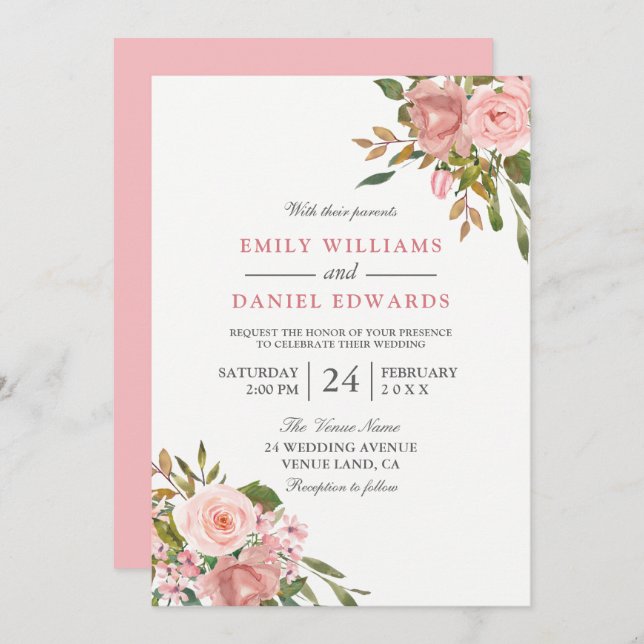 Pink Rose Gold Flowers Elegant Wedding Invite (Front/Back)