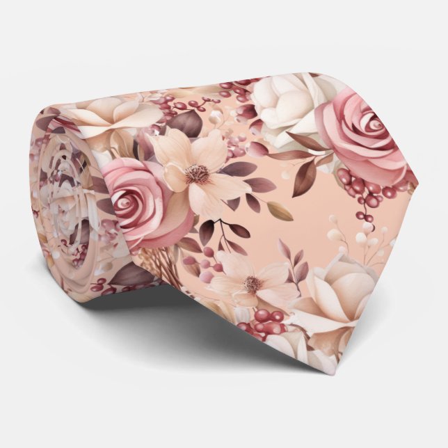 Pink Rose Gold Flowers Floral Neck Tie (Rolled)