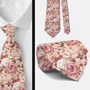 Pink Rose Gold Flowers Floral Neck Tie