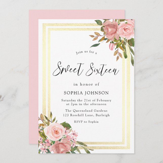 Pink Rose Gold Flowers Gold Border Sweet Sixteen Invitation (Front/Back)