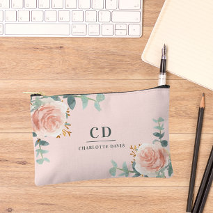Pink rose gold flowers greenery name monogram accessory pouch