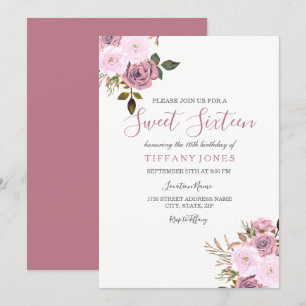 Pink & Rose Gold Flowers Sweet Sixteen Invite