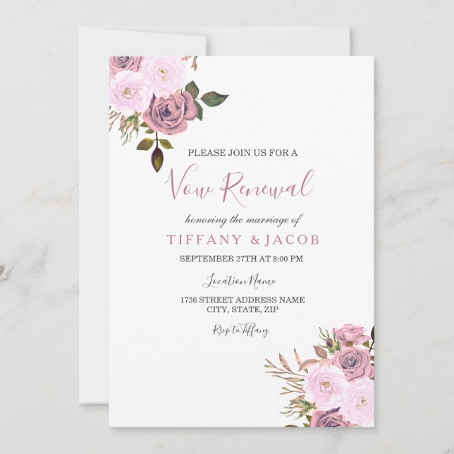 Pink & Rose Gold Flowers Vow Renewal Invite (Front)