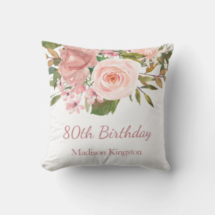Pink Rose Gold Flowers Womans 80th Birthday Gift Cushion