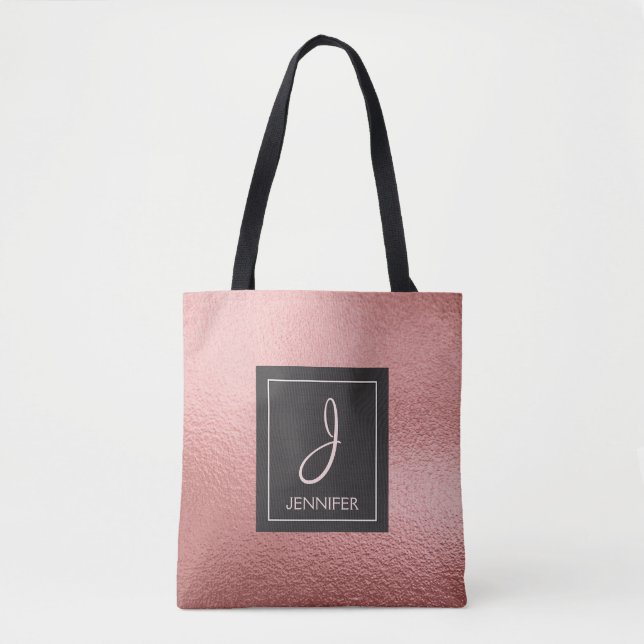Pink Rose Gold Foil Elegant Monogram Book Bag (Front)