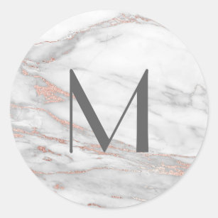 PINK ROSE Gold FOIL Marble Monogram Letter Initial Classic Round Sticker