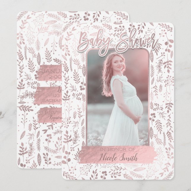 Pink Rose Gold Foil Modern Baby Shower Photo Invitation (Front/Back)
