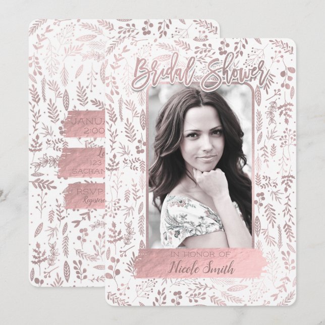 Pink Rose Gold Foil Modern Bridal Shower Photo Invitation (Front/Back)