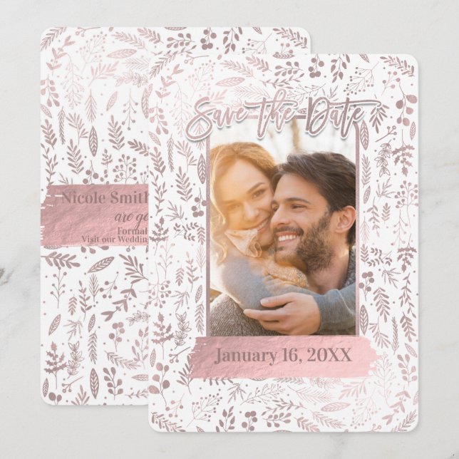 Pink Rose Gold Foil Modern Save the Date Photo Invitation (Front/Back)