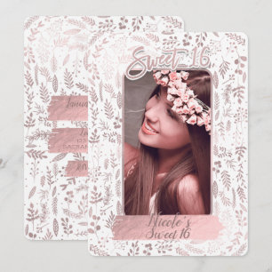Pink Rose Gold Foil Modern Sweet 16 Birthday Photo Invitation