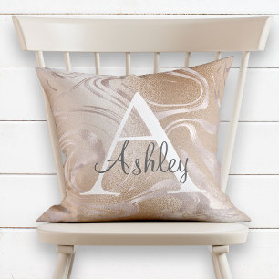 Pink Rose Gold Foil Sparkle Marble Monogram Name Cushion