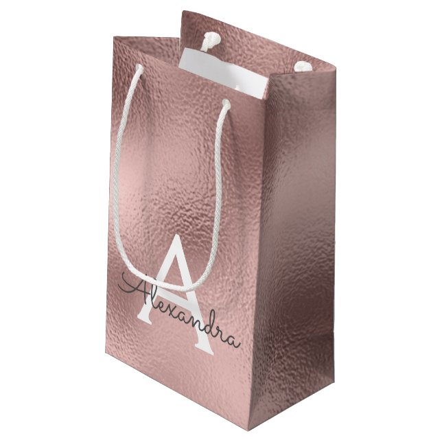 Pink Rose Gold Foil & Sparkle Monogram Small Gift Bag (Back Angled)