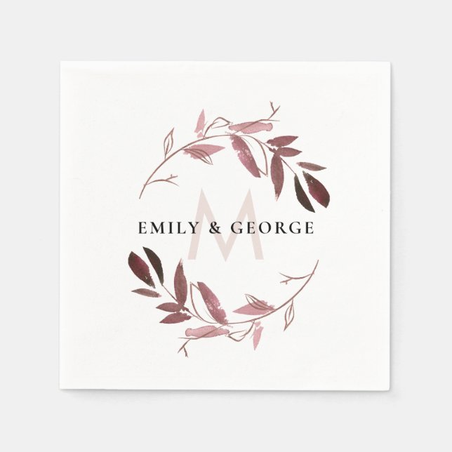 PINK ROSE GOLD FOLIAGE WREATH MONOGRAM WEDDING NAPKIN (Front)