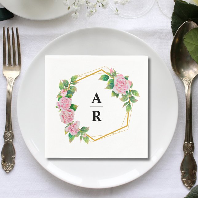 Pink Rose Gold Geometric Frame Wedding Monogram  Napkin (Creator Uploaded)