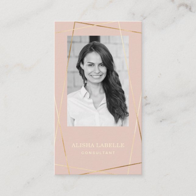 Pink Rose & Gold Geometric Photo Layout & Monogram Business Card (Front)