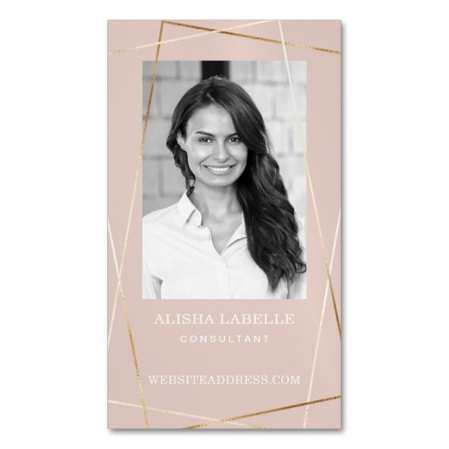 Pink Rose & Gold Geometric Photo Layout & Monogram Magnetic Business Card (Front Vertical)