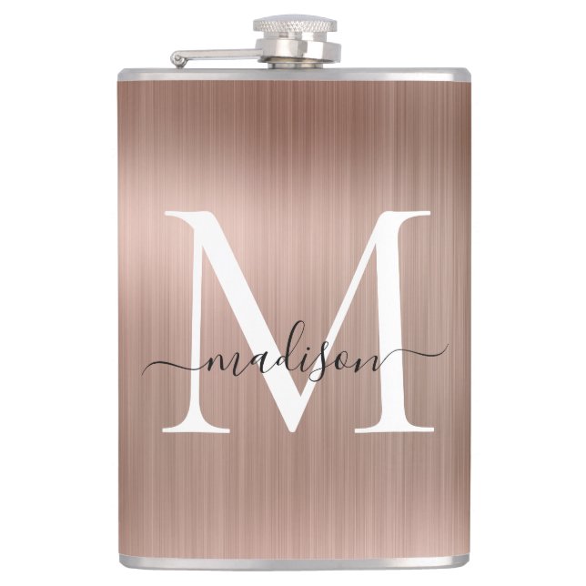 Pink Rose Gold Girly Monogram Brushed Steel Metal Hip Flask (Front)