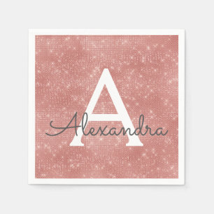 Pink Rose Gold Girly Sparkle Monogram Birthday Napkin