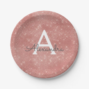 Pink Rose Gold Girly Sparkle Monogram Birthday Paper Plate