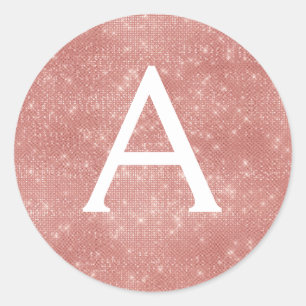 Pink Rose Gold Girly Sparkle Monogram Classic Round Sticker