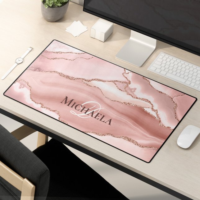 Pink Rose Gold Glitter Agate Geode Monogram Chic Desk Mat (Creator Uploaded)