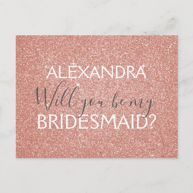Pink Rose Gold Glitter and Sparkle Bridesmaid Invitation Postcard (Front)