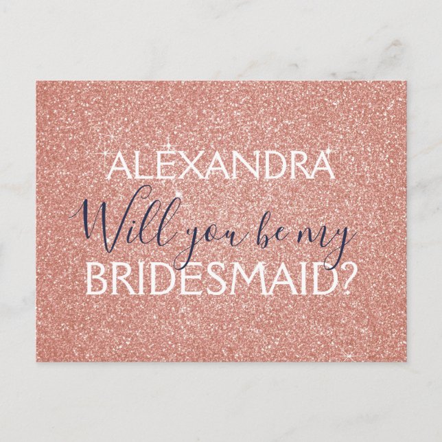 Pink Rose Gold Glitter and Sparkle Bridesmaid Invitation Postcard (Front)